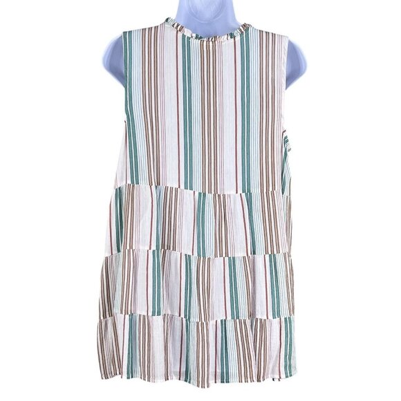 J Jill Womens M Tiered Tunic Top Tassels Sleeveless Striped Ruffled Boho Blouse - Picture 2 of 13
